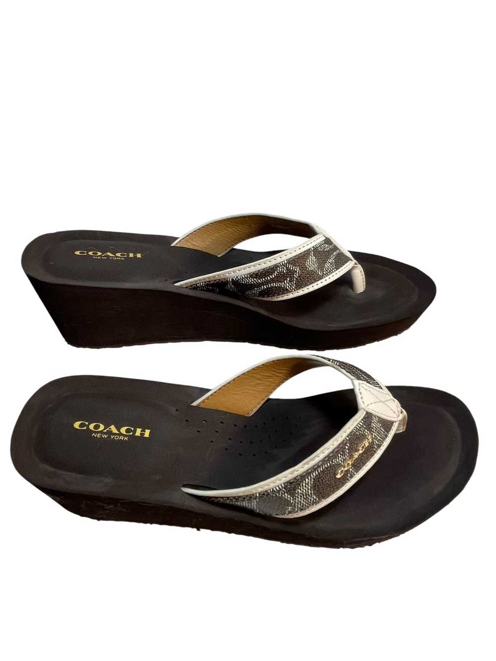 COACH Jolene Brown Cream Gold Thong Wedge Heel Sandals Women’s Size 9.5 B NWOB - Picture 10 of 15